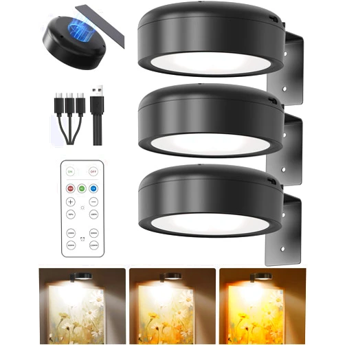 UNIWA Picture Lights for Wall,Rechargeable Battery Operated LED Puck Light with Remote,3 pcs 3 Modes Lighting Art Display Magnetic Lamp for Frame Painting,Dimmable Timer Wireless Wall Sconce Decor