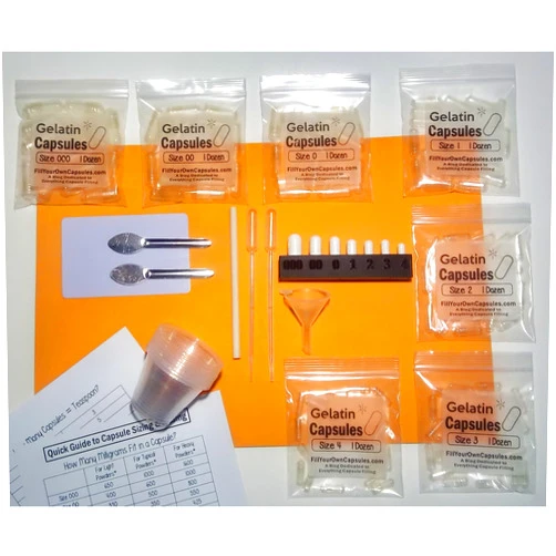 Zinda Naturals Beginner's Capsule DIY Filling Kit, Starter Set Includes 7 Different Sizes of Gelatin Caps (One Dozen of Each Size), Filling Tools and More. Sizes 000, 00, 0, 1, 2, 3, 4.