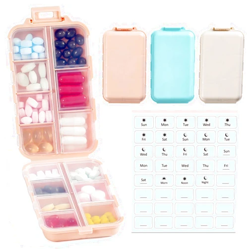 LANDNEOO 3 Pack, 14 GRIDS Travel Pill Organizer Box with Labels - Travel Medicine Case Kit - Pocket Daily Pharmacy Container - Travel Medication Holder Dispenser for Fish Oil Vitamin Supplement Storage
