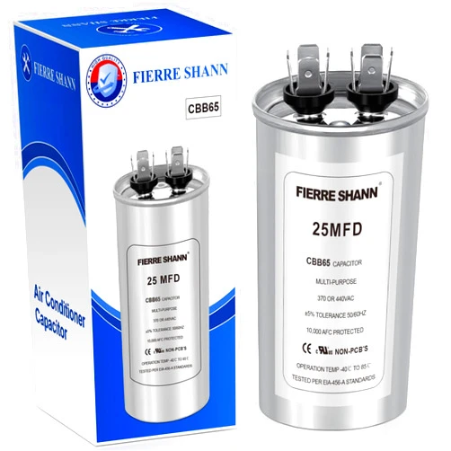 Fierre Shann 25 uF/MFD Capacitor for AC, 370 or 440 VAC CBB65 Dual Run Round Capacitors for AC Motor Run, Fan Start, Condenser Straight Cool, Heat Pump, Air Conditioner, and Pool Pump