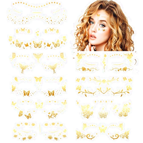 VIWIEU Glitter Butterfly Rose Face Tattoos Temporary for Women and Girls 10 Sheets, Gold Metallic Face Eye Makeup Stickers for Fairy, Princess, Halloween Costume, Christmas, NYE Festival Party Favors