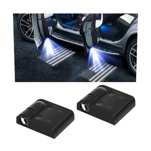 KHGUZ 2PCS American Flag Car Door Lights Logo Projector, LED Wireless Vehicle Door Welcome Courtesy Light, Patriotic Automotive Sensor Ghost Shadow Lamp, Universal for Most Cars (Black)