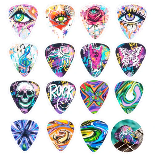 Cobahom 45pcs Guitar Picks Premium Celluloid Guitar Pick with Velvet Bag Thin Medium Heavy Thickness for Acoustic, Electric Guitar, Bass, 0.46mm, 0.71mm,1mm (Graffiti)