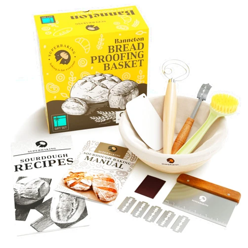 Superbaking 9' Round Banneton Bread Proofing Basket Gift Set– Sourdough Starter Kit for Crusty Artisan Style Loaves, Includes Essential Bread Baking Supplies & Tools - Ideal Gift for Bakers