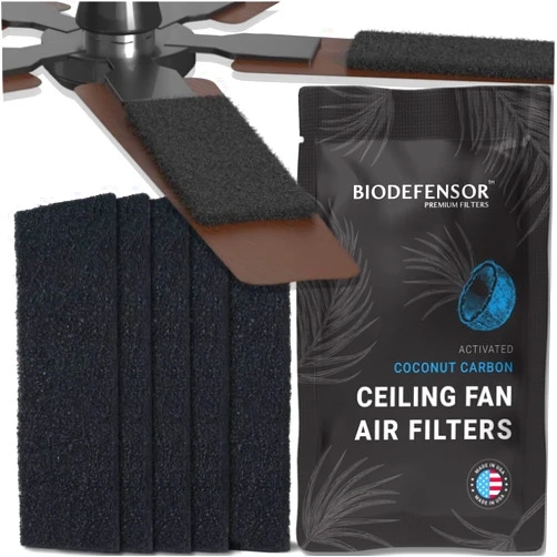 Biodefensor Ceiling Fan Filters, Made in USA, Easy Peel & Stick, Fits All Blade Types, Premium Granular Activated Carbon - Captures Dust, Odors, VOCs, Airborne Irritant Purifier (5-Pack for 5-Blade)