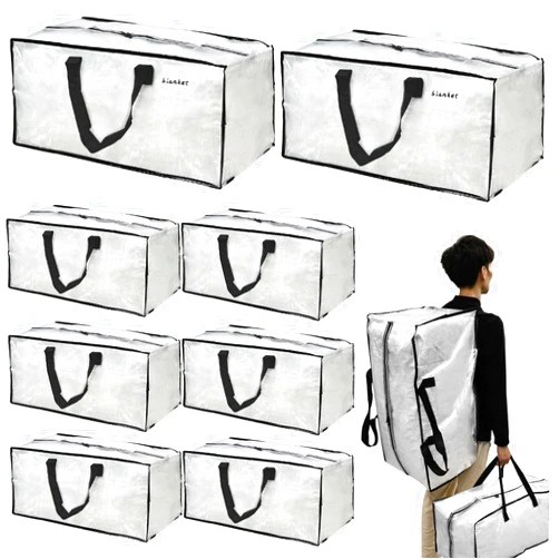 Heran 8 Pack Extra Large Moving Bags with Backpack Straps - Carrying Handles & Zippers, Heavy Duty Clear Storage Packacking Totes for Space Saving, Alternative to Moving Boxes for Clothing Blankets