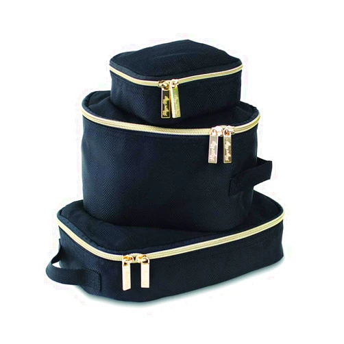 Itzy Ritzy Packing Cubes For Travel – Set of 3 Packing Cubes or Travel Organizers; Each Cube Features a Mesh Top, Double Zippers and a Fabric Handle (Black with Gold Hardware)