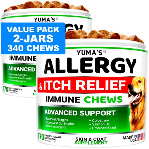YUMA'S 2-Pack Dog Allergy Relief Chews - Dog Itching Skin Relief Treatment Pills - Anti-Itch for Dogs - Itchy and Paw Licking - Dry Skin & Hot Spots - Omega 3 Fish Oil - Skin & Coat Supplement