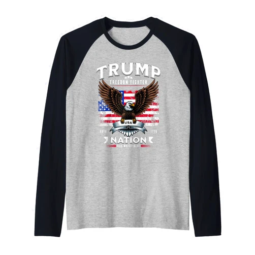 BizzyflyUSA Freedom Fighter Trump Patriotic Eagle USA Flag Raglan Baseball Tee