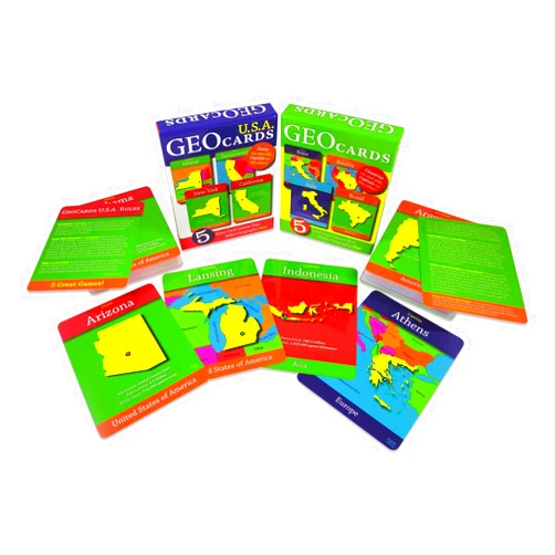 Geotoys GeoCards, World & USA Flash Cards Geography Game, Kid Card Games for Home, School & Travel, States and Capitals Flash Cards, Card Games for Families, Kids Educational Games Ages 4 and Up