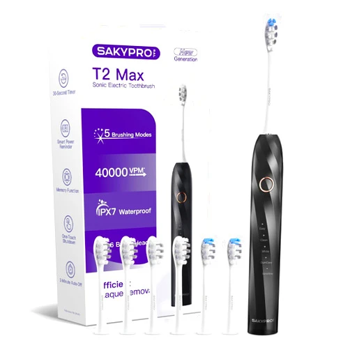 SAKYPRORAL Sonic Electric Toothbrush for Adults and Kids - 70 Days Rechargeable Sonic Toothbrush with 6 Brush Heads, IPX7 Waterproof Black Smart Power Toothbrush (T2 Max)