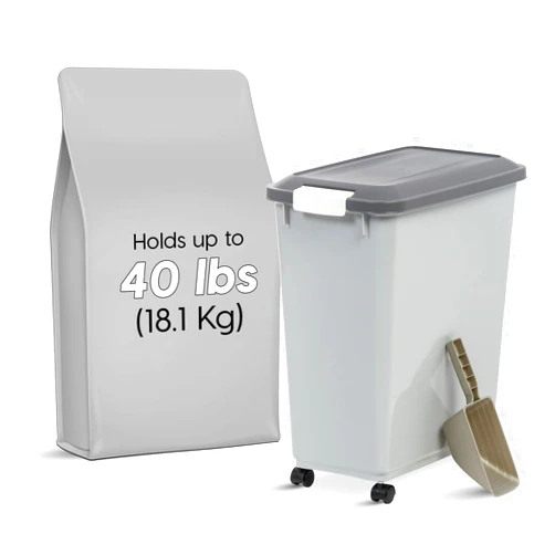IRIS USA Dog Food Storage Container with Wheels, Airtight Lid, 2-Cup Scoop, Up to 40 Pounds Pet Food Storage, Built in Scoop Storage in Lid, Versatile Pet Food Bin, Portable, BPA Free, Gray/Dark Gray