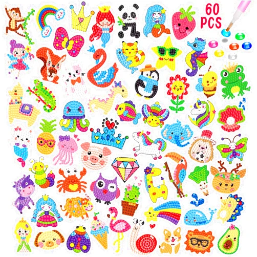 ACSAUMMY Diamond Art Stickers Kits for Kids, 60 pcs 5D Diamond Arts Paintings Stickers DIY Cartoon Diamond Stickers Kits for Kids Mosaic Stickers Gem Arts and Crafts for Kids Adults Beginners