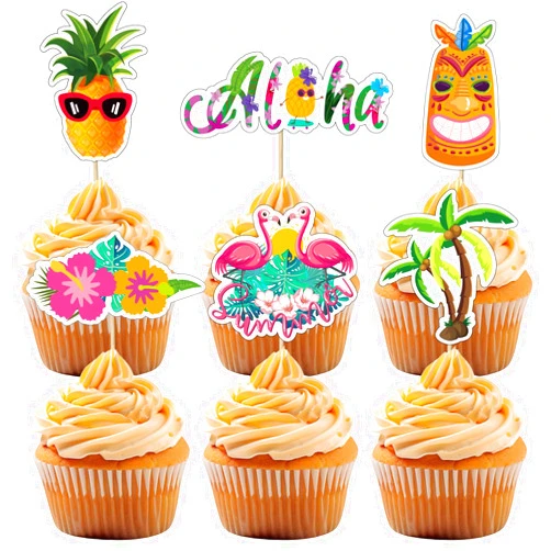 Qiaozeng 36pcs Tropical Luau Cupcake Toppers Summer Hawaiian Cupcake Picks Aloha Flamingo Flamingo Palm Tree Flower Cupcake Picks for Hawaii Tropical Luau Theme Birthday Baby Shower birthday party Supplies
