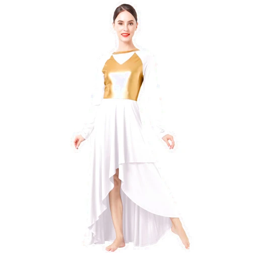 IBAKOM Women Gold Metallic High Low Praise Dance Dress Long Church Liturgical Worship Costume Tunic Lyrical Dance Outfits