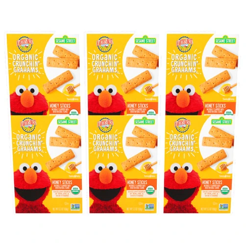 Earth's Best Organic Kids Snacks, Sesame Street Toddler Snacks, Organic Crunchin' Grahams for Toddlers 2 Years and Older, Honey Sticks with other Natural Flavors, 5.3 oz Box (Pack of 6)