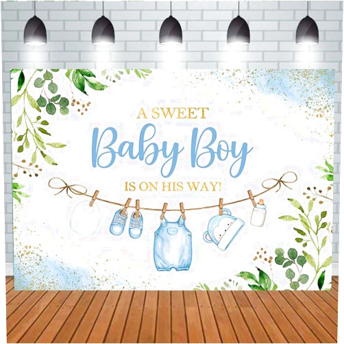 Aperturee 5x3ft Cute Clothes Baby Shower Backdrop for Boys a Sweet Baby Boy is on The Way Newborn Kids Blue Leaves Gold Dots Baby Shower Party Decorations Banner Supplies Photo Booth Props