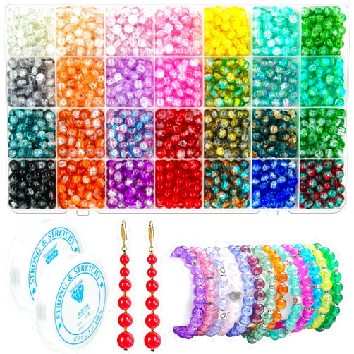 JHYlilia 1800pcs 6MM Glass Crackle Beads, 28 Colors Round Beads for Jewelry Making, DIY Craft Kit Includes 2 Rolls Elastic Thread