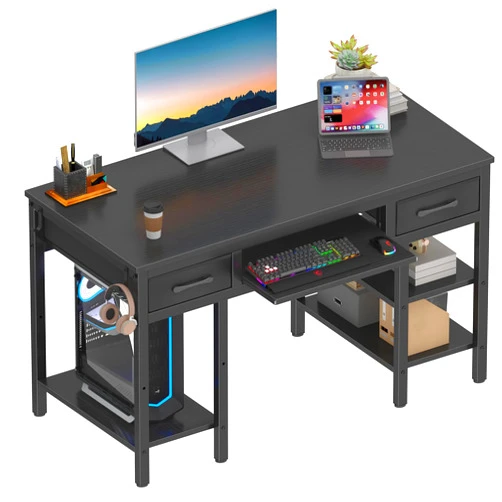 Lufeiya Desk with Keyboard Tray Slide Out, 47 Inch Home Office Computer Desks with Fabric Drawers & Storage Shelves, Modern Simple Study Writing Gaming Table for Bedroom, Black