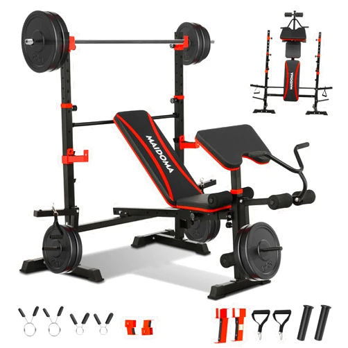 MAIDOMA 1500LBS 6 in 1 Weight Bench Set with Leg Extension/Curl and Preacher Curl, Bench Press Set and barbell Rack with Safety Bar Catches, Foldable Workout Benches for Home(US Stock)