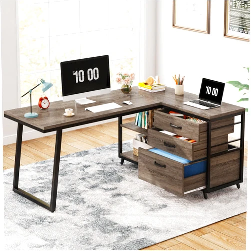 Tribesigns L-Shaped Desk with 3 Drawers, Reversible Corner Home Office Computer Desk with Shelves, 53-Inch Industrial PC Desk Study Writing Table Workstation for Small Space, Grey