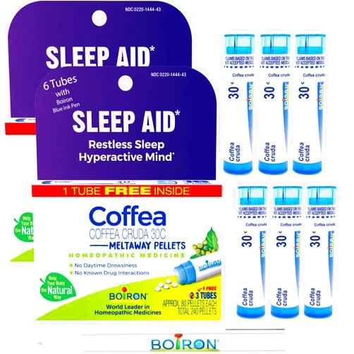 Boiron Coffea Cruda 30C - 6 Total Blue Tubes - Homeopathic Sleep Aid for Restless Sleep, Mental Hyperactivity, Racing Thoughts, and Difficulty Sleeping with Blue Ink Pen
