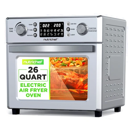 NutriChef 26L Electric Air Fryer Oven | 1700W Countertop Rotisserie & Air Fryer | 360° Rotating Feature | 10 Digital Menu Presets | Includes Drip Tray, Air Frying Basket & Bake Rack 15x16x14 (Silver)