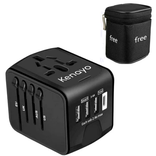 Kenayo Travel Adapter, kenayo Universal Travel Adapter - 3 USB + 1 Type C in One Travel Charger with UK/US/AUS/EU Plugs and Socket, International Power Adapter Wall Charger