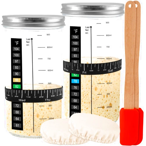 Tyniaide 1000 ML/2 Pack Sourdough Starter Kit – Extra Thermometer Strips and Breathable Covers Included in Sourdough Starter Jar – A Perfect Sourdough Bread Starter Kit for Beginners to Expert