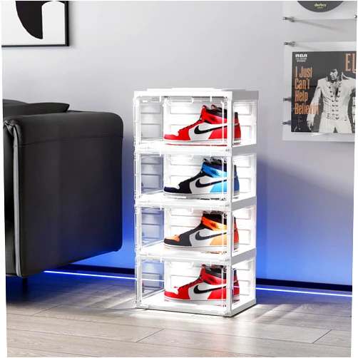 BROVIEW Shoe Boxes with Led Lights, Large Stackable Sneaker Storage Display Case with Clear Magnetic Door, Voice Activated Led Collection Crate, Folding Shoe Rack Organizer Cabinet 4 Tiers