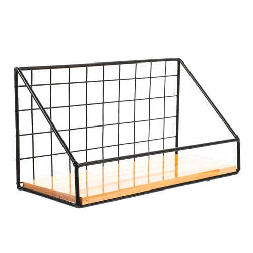 Wakauto Wall-Mounted Iron and Wood Storage Shelf Small Triangle Black Metal Rack Decorative Floating Shelf with Adhesive Hooks for Home Kitchen Living Room Organization