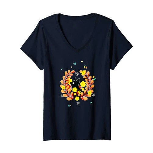 Visit The Feline Serenity Apparel Womens CUTE BLACK ANGEL CAT KITTEN FALL ORANGE Angelic Serene V-Neck T-Shirt
