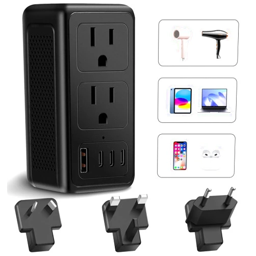 IPLUSO 220V to 110V Converter, 220 to 110 Voltage Converter US to Europe for Hair Dryer, Power Converter Adapter Combo with 1 USB A and 3 USB C, European Travel Plug Adapter from US to EU/AUS/UK(Black)