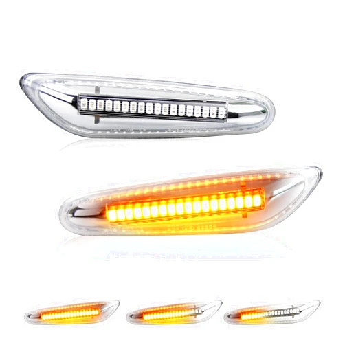 D-Lumina Chrome Sequential Amber LED Side Marker Lights Turn Signal Lamp for BMW E90 E91 E92 E93 E46 E53 E60 E61 X3 E83 X1 E84 E81 E82 E87 E88 Side Marker Light, Clear Lens Side marker, Pack of 2