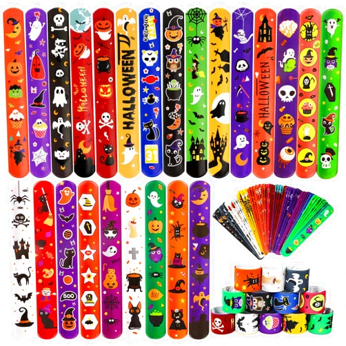 MGparty 72PCS Halloween Slap Bracelets - 24 Halloween Theme Designs Spider Pumpkin Ghost Zombie Bat Witches Snap Bracelet for Kids Party Favors Toys Prizes Pinata Goodie Bags Fillers