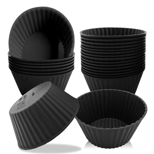 Dropower Silicone Baking Cups Reusable Muffin Cupcake Liners 24 Pack Non-stick Cupcake Holders Molds for Party Birthday Halloween Christmas Black