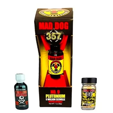 Mad Dog 357 No. 9 Plutonium 9 Million Scoville Pepper Extract with jar of Mad Dog 357 Yellow Cake - 1.6M Capsicum Powder and Bottle of Mad Dog 357 ECO 1 Million Scoville Ultra Pure Pepper Extract