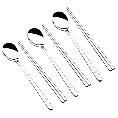 YAPULLYA Korean Metal Chopsticks and Spoons Set, Reusable Stainless Steel Flatware Chopsticks and Spoons with long-hand, set of 3 (Lucky Clover)