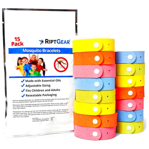 RiptGear Mosquito Bracelets - 15 Pack of Mosquito Bracelets for Kids and Adults, Insect Bracelet, Citronella Wristband - DEET Free Mosquito Wristbands, Camping Accessories