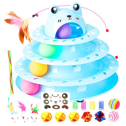 Pawsayes 17 Pack Cat Toys, 4-Level Turntable Ball Track Interactive Cat Toy for Indoor Cats, Self Play Fun Roller with Colorful Rotating Ball Puzzle Exercise Kitten Toys Set
