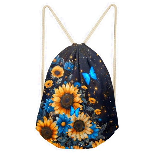 FUIBENG Sunflower Blue Butterfly Drawstring Bag for Women Girls Sunflower Gym Sport Bag for Shopping，Yoga，Swimming，Water Resistant String Bag Kids Backpack