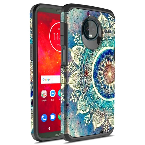 Rosebono Moto Z3 Case, Moto Z3 Play Case, Rosebono Slim Hybrid Dual Layer Graphic Fashion Colorful Cover Armor Case for Motorola Moto Z Play 3rd Generation (Green Mandala)