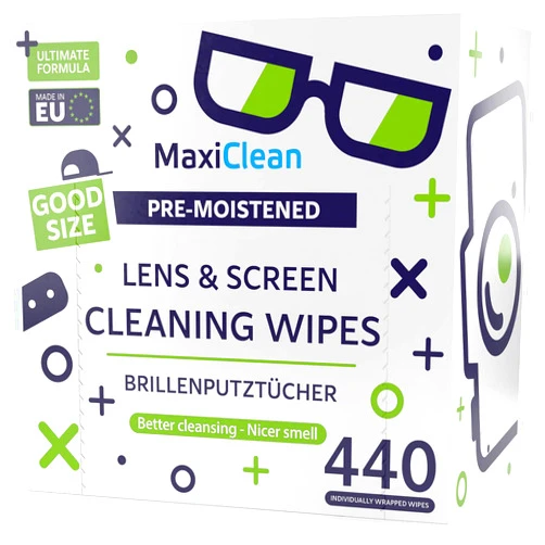 MAXI CLEAN Lens Wipes - 440 Pre-moistened Eyeglass Cleaning Wipes - Cleaner for Glasses, Laptops Screens, Binoculars, Optical Lens, Watch Screens, Made in Europe