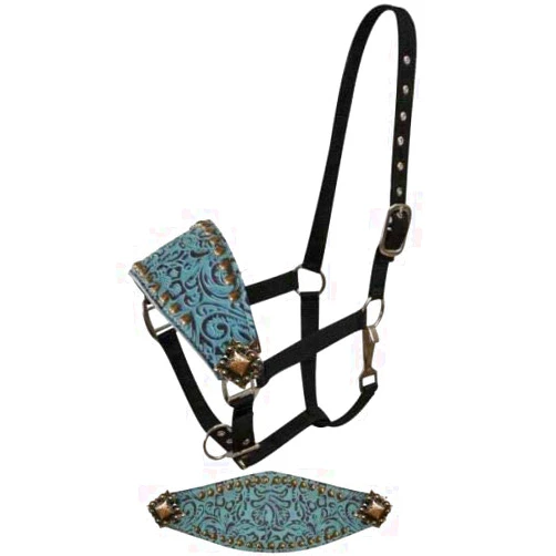 Showman Bronc Halter w/Teal Filigree Print Leather Noseband