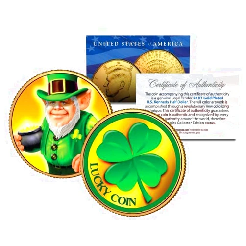Merrick Mint Leprechaun Four Leaf Clover St Patrick's Day JFK Kennedy Half Dollar Gold Plated Lucky Coin