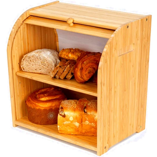 FoverOne Bamboo Bread Box for Kitchen Countertop, Roll-top Breadbox Breads Storage Boxes with Adjustable Middle Shelf