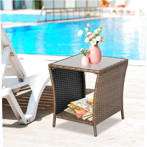 Kinsunny Square Glass Top Wicker Coffee Table, Outdoor Side Tables with Storage, Patio Furniture Patio Coffee Bistro Table PE Rattan Wicker Side Table w/Glass Top Indoor Outdoor, Dark Blonde