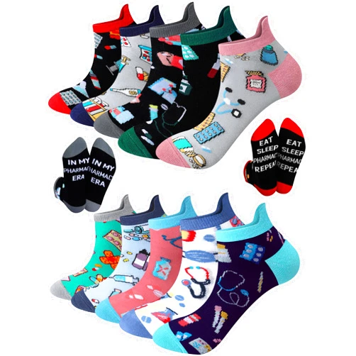 Newcotte 10 Pairs Pharmacists Socks for Women Men Nurse Week Funny Cotton Ankle Socks for Pharmacist Rx Pharmacy Student or Coworker Appreciation Gift
