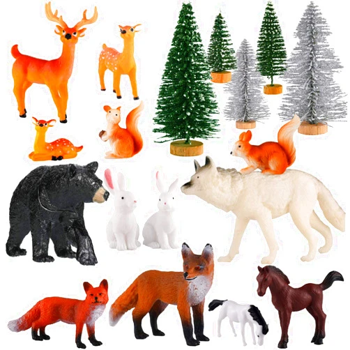 Skylety 18 Piece Wild Forest Animals Figures Toys Set Assorted Creatures Forest Diorama Realistic Plastic Woodland Animals Figurines Model Trees for Birthday Party Favors for Boys and Girls