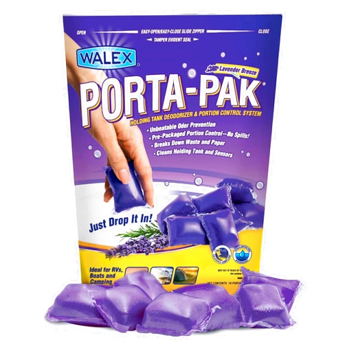 Walex Porta-Pak Black Holding Tank Deodorizer & Portion Control System Drop-Ins - Rapid Breakdown of Waste & Paper, Odor Prevention, Cleans Tank & Sensors - Lavender Breeze, 10-Pack